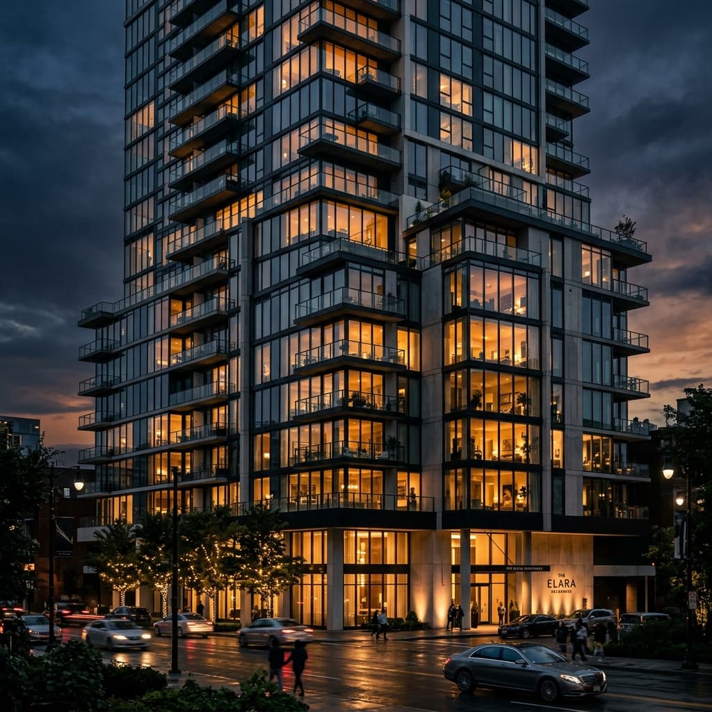 Modern apartment building at dusk